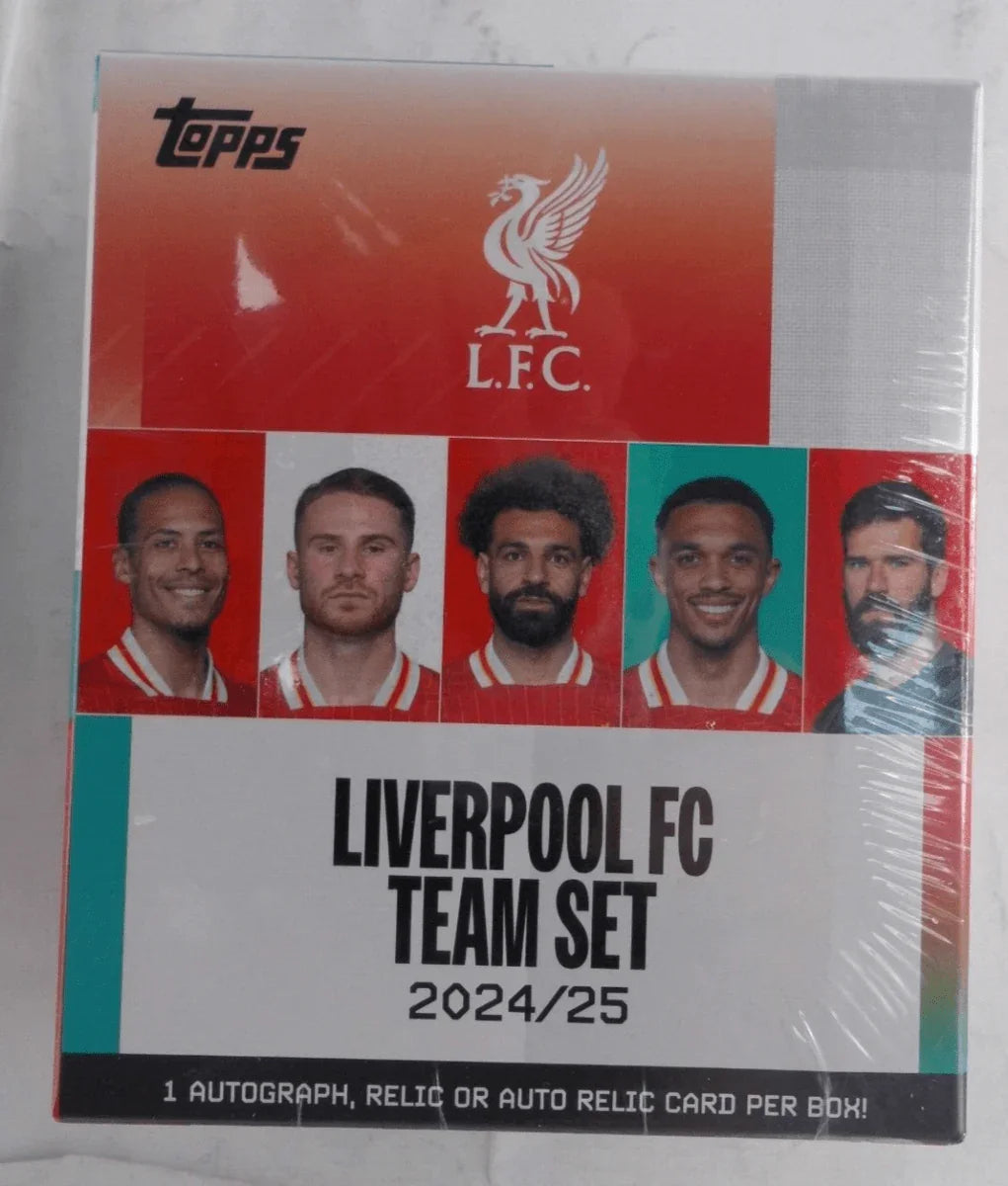 Liverpool FC Team Set 2024/25 focis kártyacsomag, játékos portrékkal a dobozon.