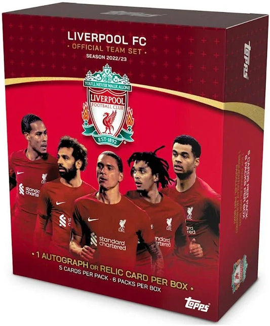 Liverpool FC 2022/23 csapatkártya box, focisták képe, Topps kártyadoboz