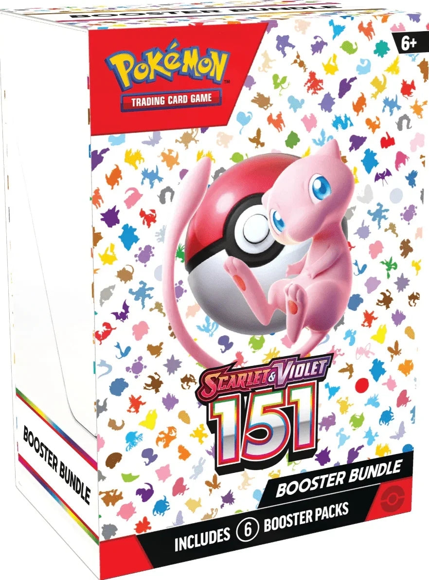 Pokémon Scarlet & Violet 151 Booster Bundle doboz, Mew, pokélabda és színes Pokémon árnyképek