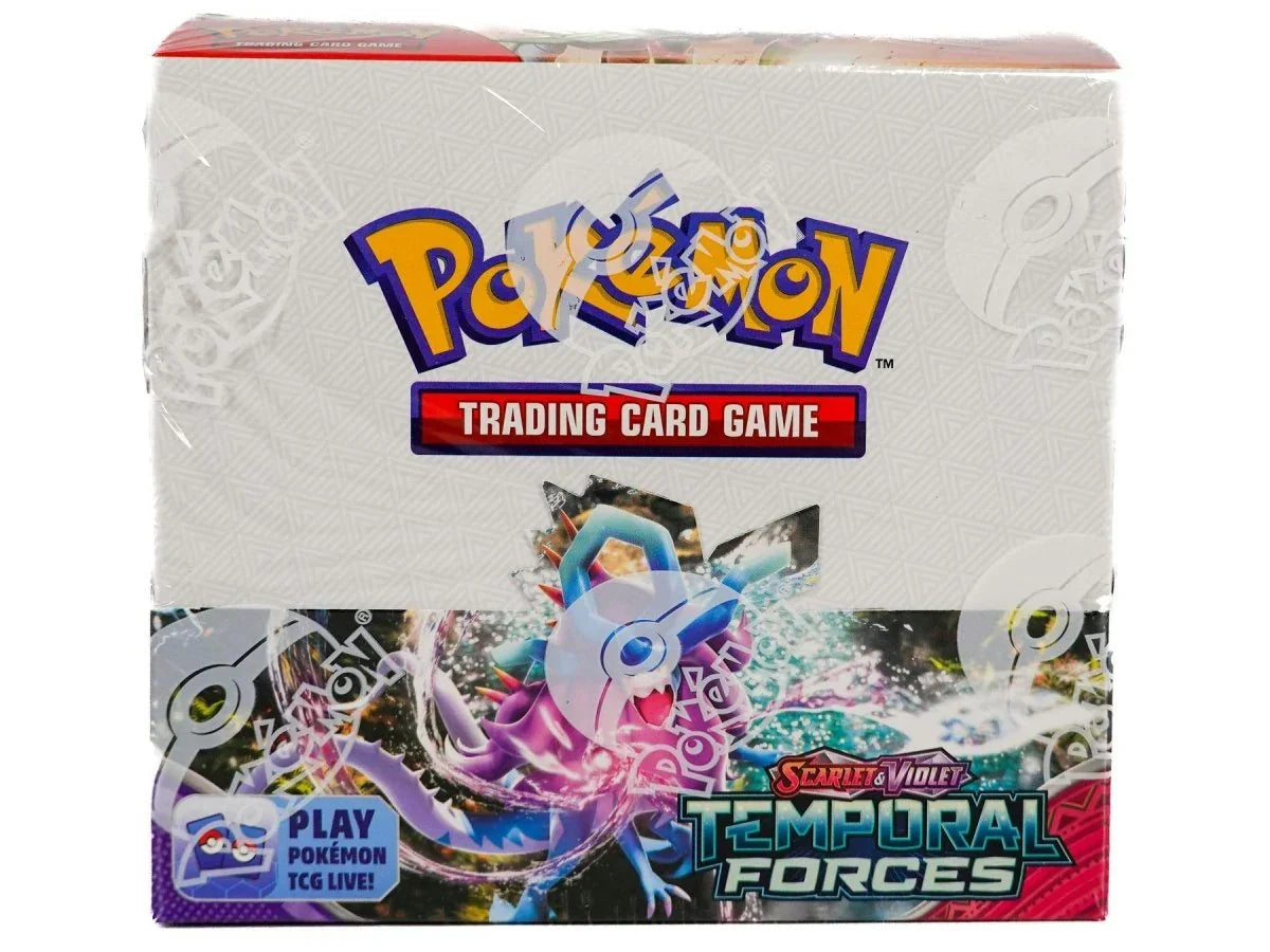 Pokémon TCG Scarlet & Violet Temporal Forces booster box, színes grafikával, lezárt csomag