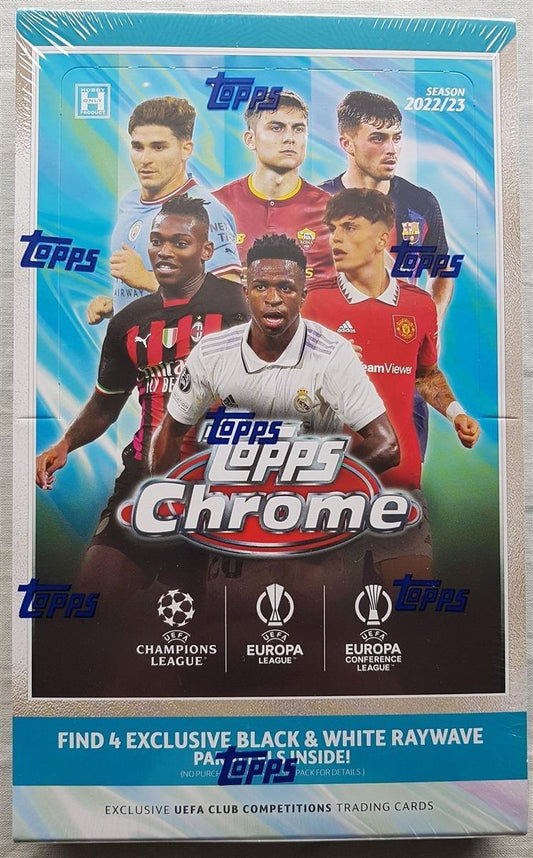 Topps UEFA Club Competitions Chrome 2022/23 focis kártya doboz, focisták képeivel